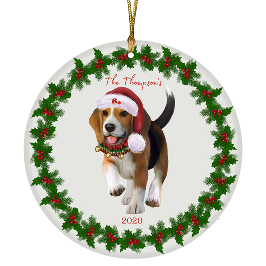 Personalized Holly Berry Trimming Beagle Dog Ceramic Round Flat Christmas Tree Ornament RFPOR48213