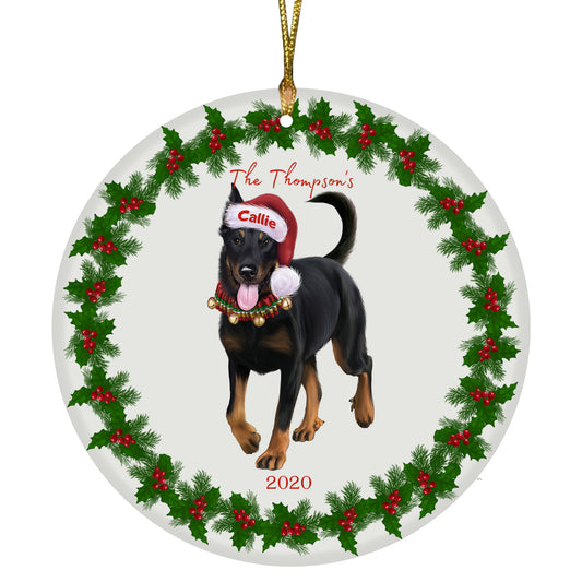 Personalized Holly Berry Trimming Beauceron Dog Ceramic Round Flat Christmas Tree Ornament RFPOR48214