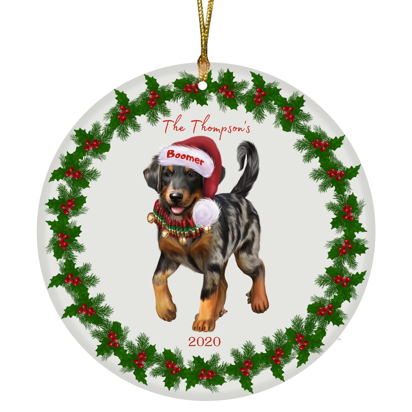 Personalized Holly Berry Trimming Beauceron Dog Ceramic Round Flat Christmas Tree Ornament RFPOR48215