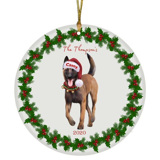 Personalized Holly Berry Trimming Belgian Malinois Dog Ceramic Round Flat Christmas Tree Ornament RFPOR48216