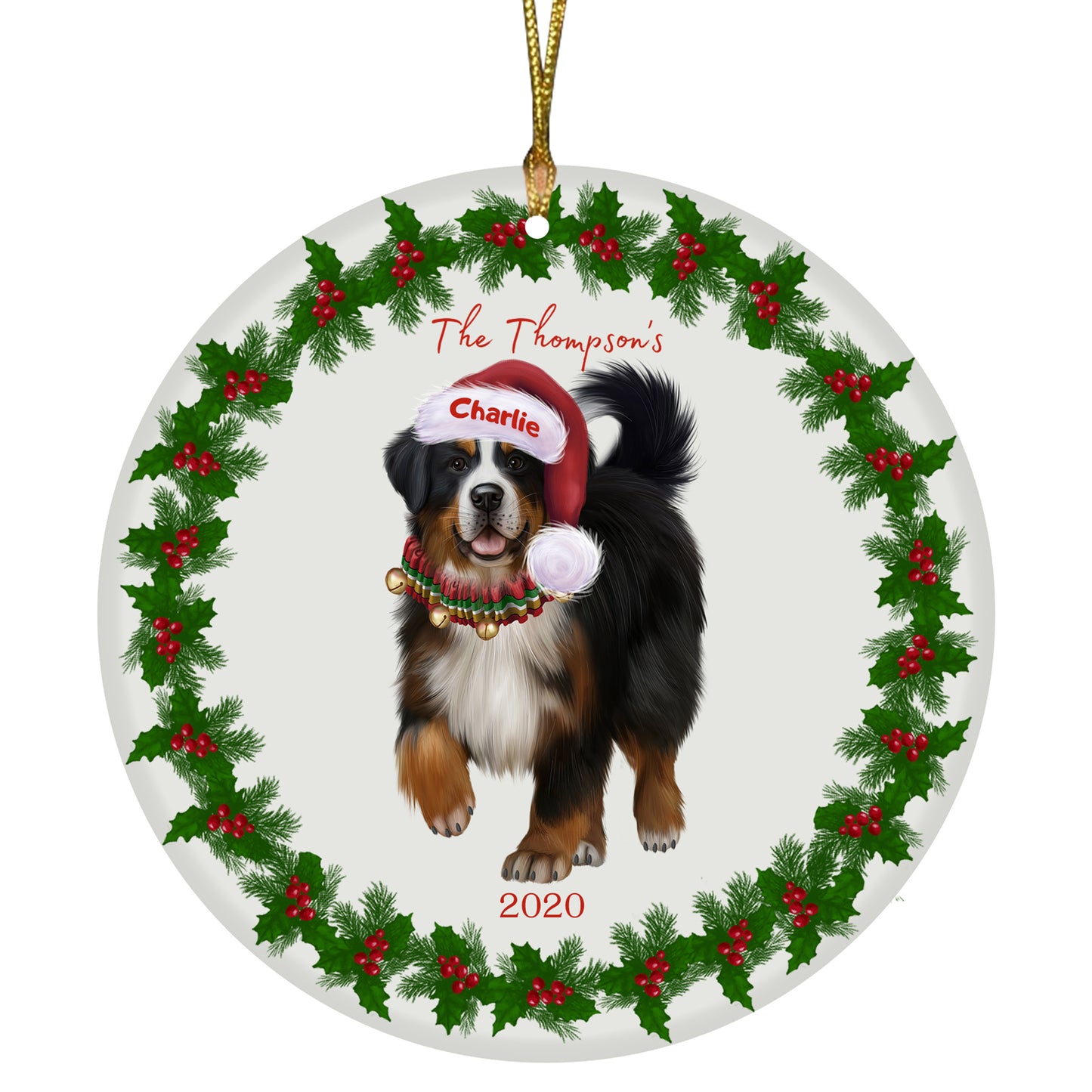 Personalized Holly Berry Trimming Bernese Mountain Dog Ceramic Round Flat Christmas Tree Ornament RFPOR48218