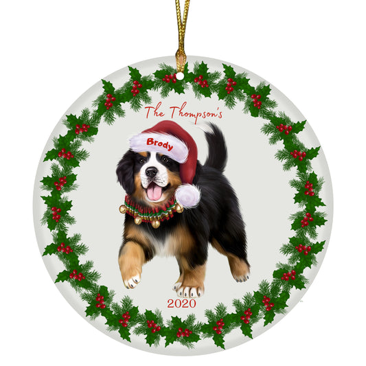 Personalized Holly Berry Trimming Bernese Mountain Dog Ceramic Round Flat Christmas Tree Ornament RFPOR48219