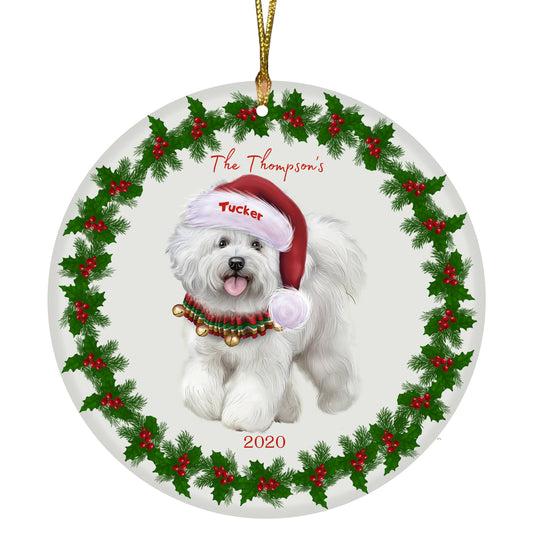 Personalized Holly Berry Trimming Bichon Frise Dog Ceramic Round Flat Christmas Tree Ornament RFPOR48220