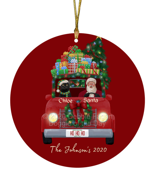 Personalized Red truck Santa with Black Cat Ceramic Round Flat Christmas Tree Ornament RFPOR48018