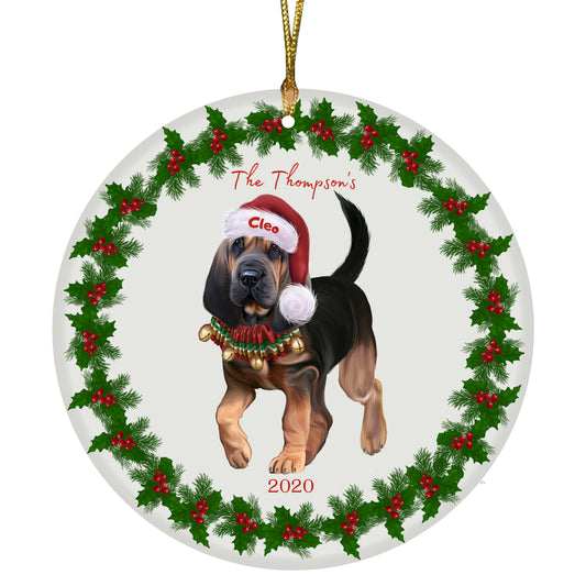 Personalized Holly Berry Trimming Bloodhound Dog Ceramic Round Flat Christmas Tree Ornament RFPOR48222