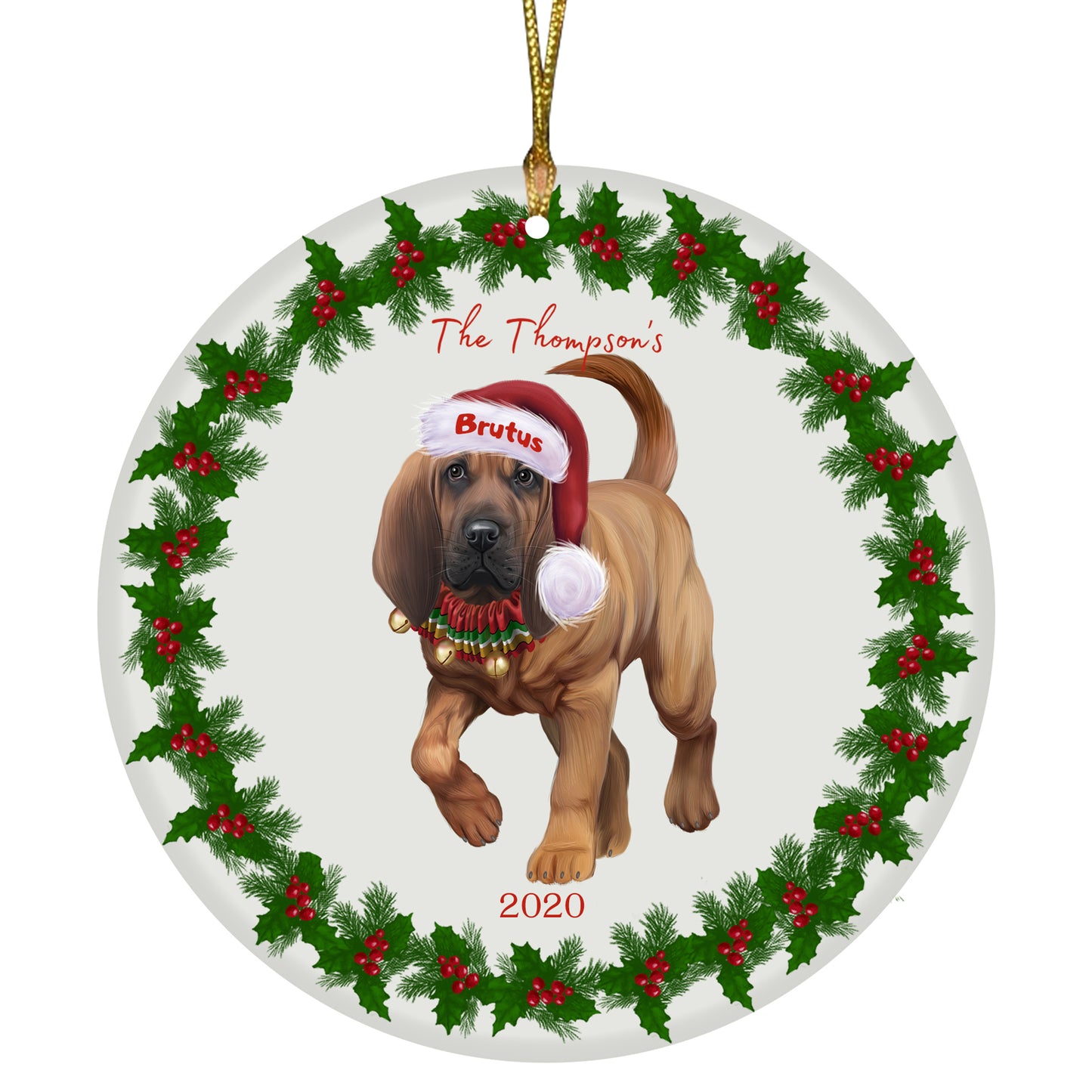 Personalized Holly Berry Trimming Bloodhound Dog Ceramic Round Flat Christmas Tree Ornament RFPOR48223