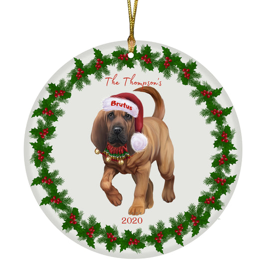 Personalized Holly Berry Trimming Bloodhound Dog Ceramic Round Flat Christmas Tree Ornament RFPOR48223