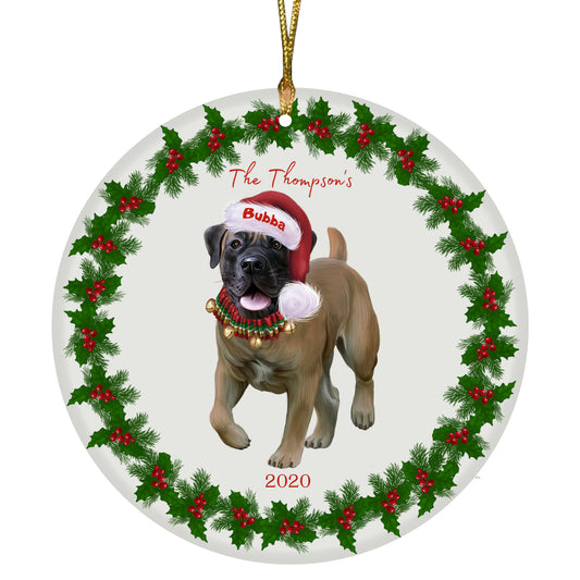 Personalized Holly Berry Trimming Boerboel Dog Ceramic Round Flat Christmas Tree Ornament RFPOR48226