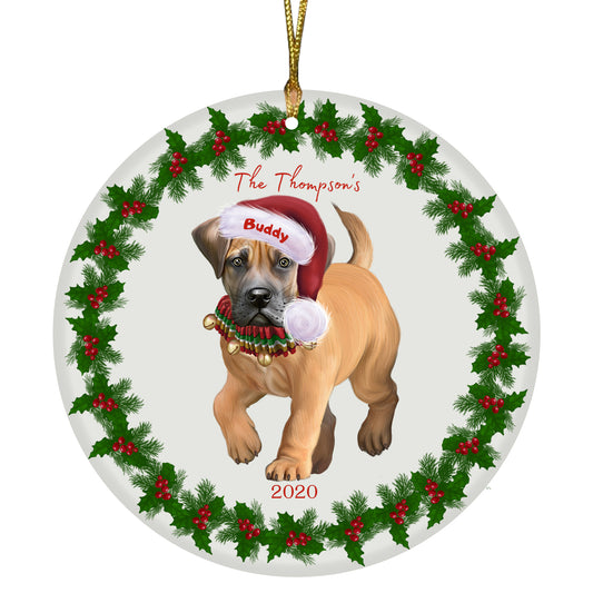 Personalized Holly Berry Trimming Boerboel Dog Ceramic Round Flat Christmas Tree Ornament RFPOR48227