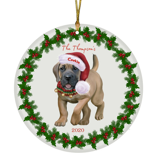 Personalized Holly Berry Trimming Boerboel Dog Ceramic Round Flat Christmas Tree Ornament RFPOR48228