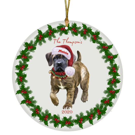 Personalized Holly Berry Trimming Boerboel Dog Ceramic Round Flat Christmas Tree Ornament RFPOR48229