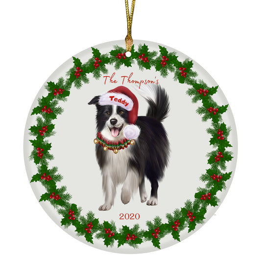 Personalized Holly Berry Trimming Border Collie Dog Ceramic Round Flat Christmas Tree Ornament RFPOR48230