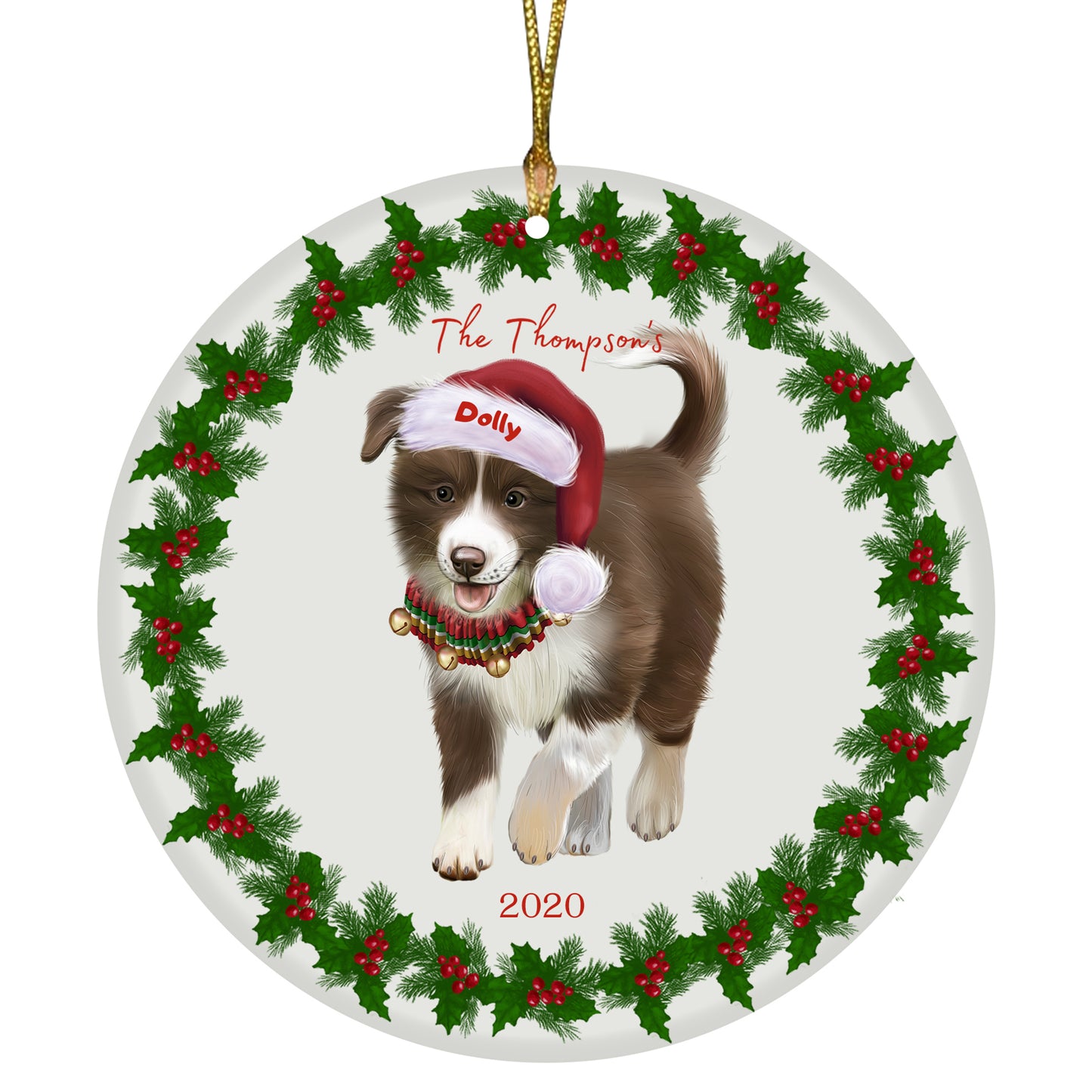 Personalized Holly Berry Trimming Border Collie Dog Ceramic Round Flat Christmas Tree Ornament RFPOR48231