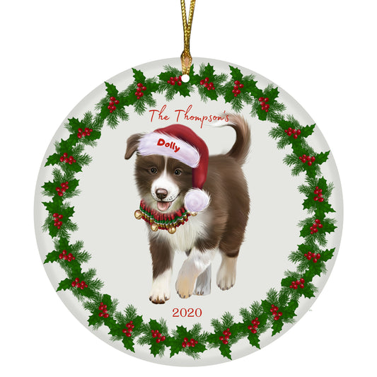 Personalized Holly Berry Trimming Border Collie Dog Ceramic Round Flat Christmas Tree Ornament RFPOR48231