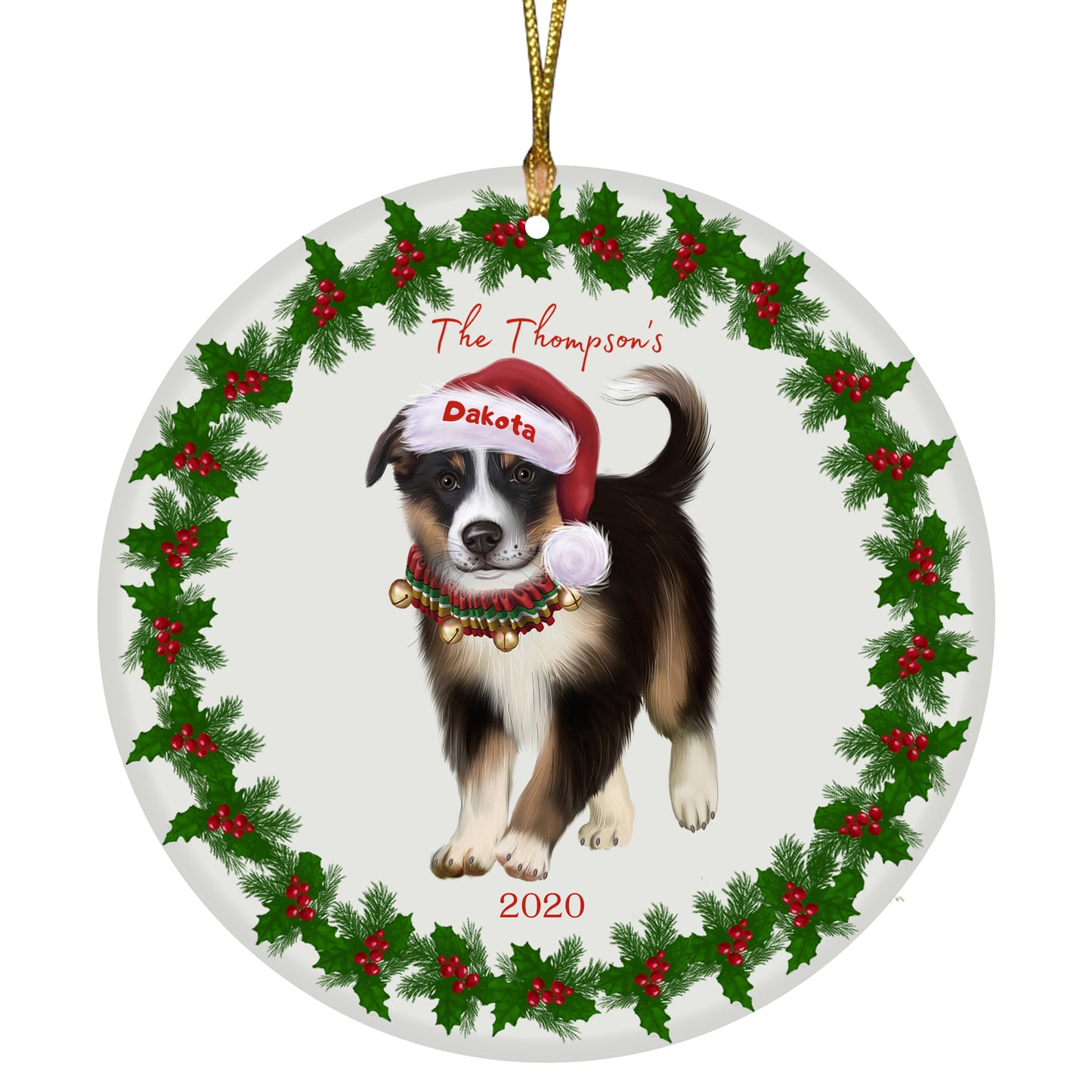 Personalized Holly Berry Trimming Border Collie Dog Ceramic Round Flat Christmas Tree Ornament RFPOR48232