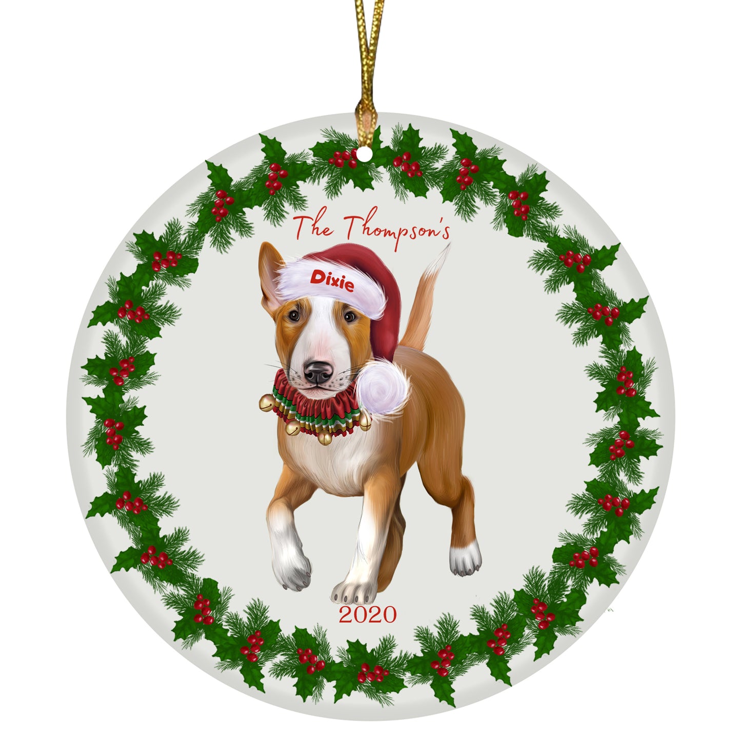 Personalized Holly Berry Trimming Bull Terrier Dog Ceramic Round Flat Christmas Tree Ornament RFPOR48234