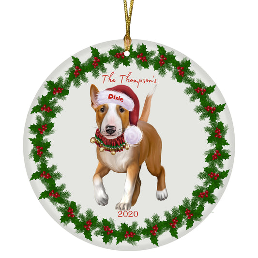 Personalized Holly Berry Trimming Bull Terrier Dog Ceramic Round Flat Christmas Tree Ornament RFPOR48234