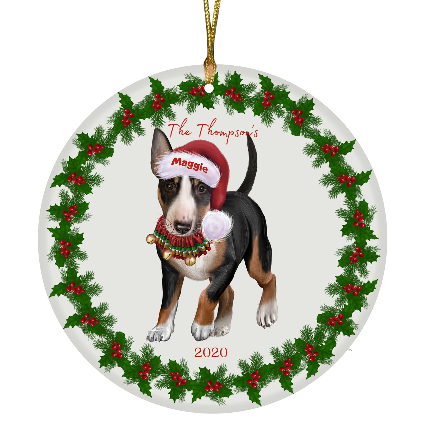 Personalized Holly Berry Trimming Bull Terrier Dog Ceramic Round Flat Christmas Tree Ornament RFPOR48235