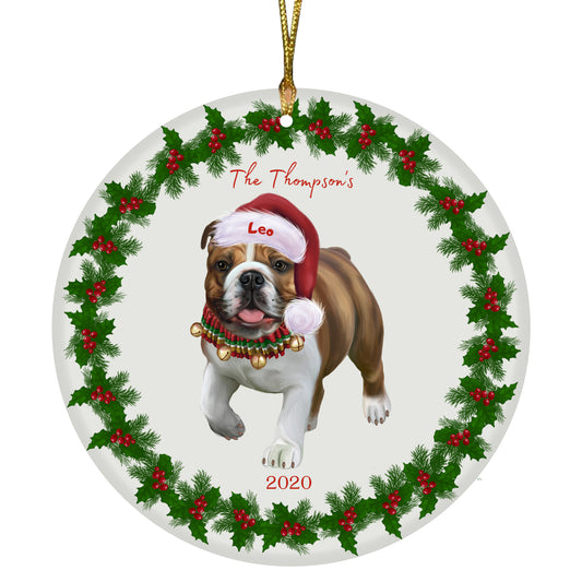 Personalized Holly Berry Trimming Bulldog Ceramic Round Flat Christmas Tree Ornament RFPOR48237
