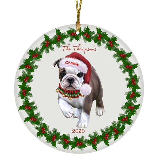 Personalized Holly Berry Trimming Bulldog Ceramic Round Flat Christmas Tree Ornament RFPOR48238