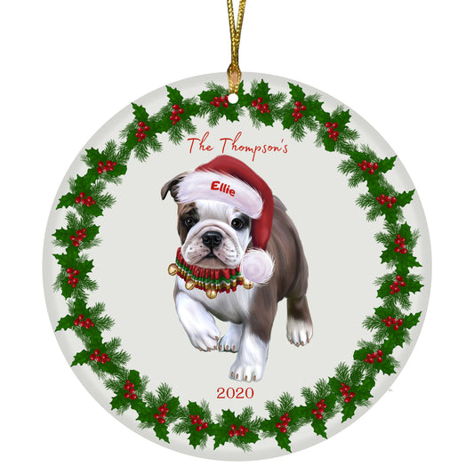 Personalized Holly Berry Trimming Bulldog Ceramic Round Flat Christmas Tree Ornament RFPOR48239
