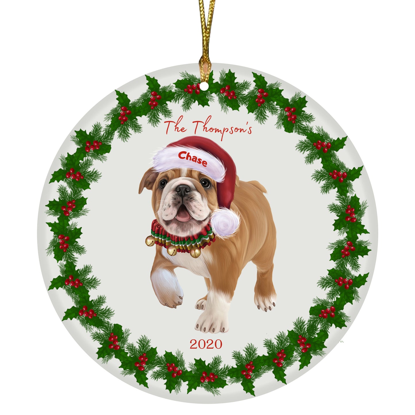 Personalized Holly Berry Trimming Bulldog Ceramic Round Flat Christmas Tree Ornament RFPOR48240
