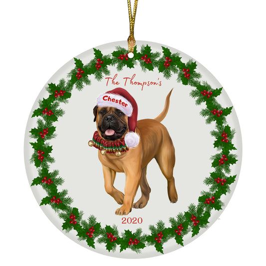 Personalized Holly Berry Trimming Bullmastiff Dog Ceramic Round Flat Christmas Tree Ornament RFPOR48241
