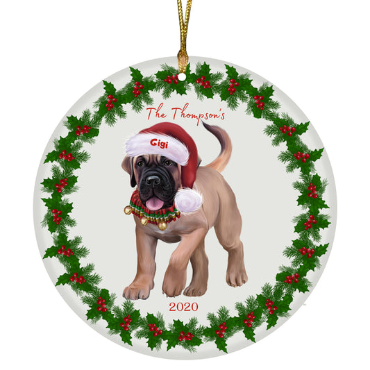 Personalized Holly Berry Trimming Bullmastiff Dog Ceramic Round Flat Christmas Tree Ornament RFPOR48242