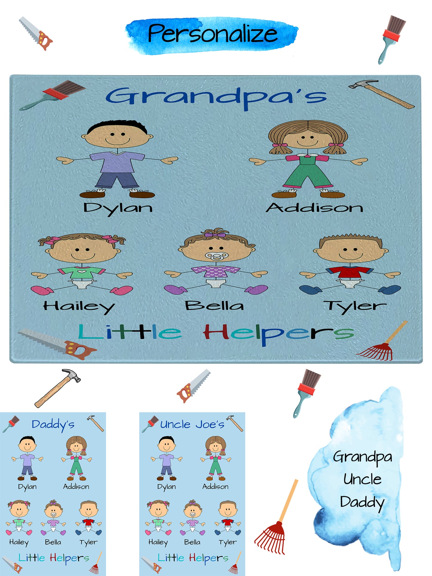 Personalized Dog Cat Pets Grandpa, Uncle, Dad, Husband or Brother's Little Helpers Glass Cutting Board