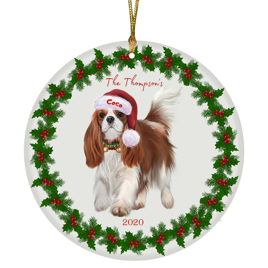 Personalized Holly Berry Trimming Cavalier King Charles Spaniel Dog Ceramic Round Flat Christmas Tree Ornament RFPOR48247