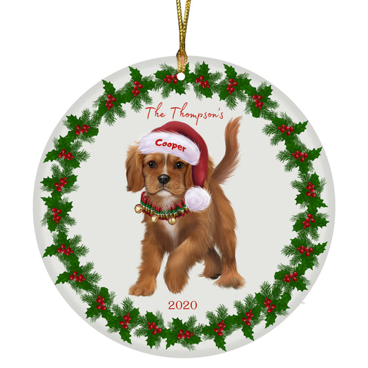 Personalized Holly Berry Trimming Cavalier King Charles Spaniel Dog Ceramic Round Flat Christmas Tree Ornament RFPOR48248