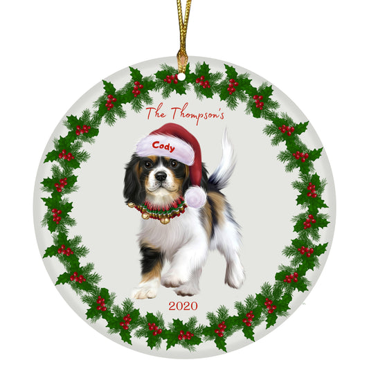 Personalized Holly Berry Trimming Cavalier King Charles Spaniel Dog Ceramic Round Flat Christmas Tree Ornament RFPOR48249