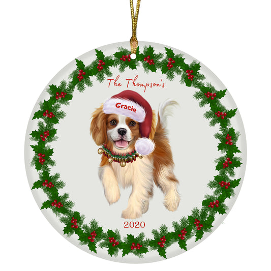 Personalized Holly Berry Trimming Cavalier King Charles Spaniel Dog Ceramic Round Flat Christmas Tree Ornament RFPOR48250