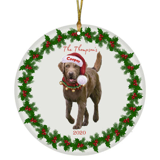 Personalized Holly Berry Trimming Chesapeake Bay Retriever Dog Ceramic Round Flat Christmas Tree Ornament RFPOR48251