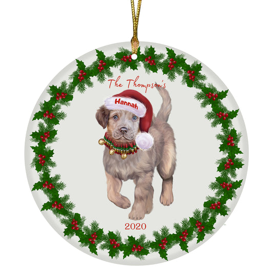 Personalized Holly Berry Trimming Chesapeake Bay Retriever Dog Ceramic Round Flat Christmas Tree Ornament RFPOR48252