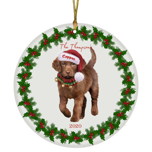 Personalized Holly Berry Trimming Chesapeake Bay Retriever Dog Ceramic Round Flat Christmas Tree Ornament RFPOR48253