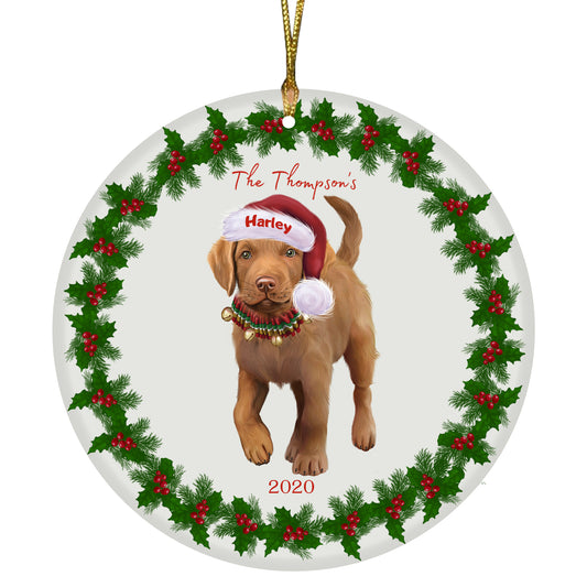 Personalized Holly Berry Trimming Chesapeake Bay Retriever Dog Ceramic Round Flat Christmas Tree Ornament RFPOR48254