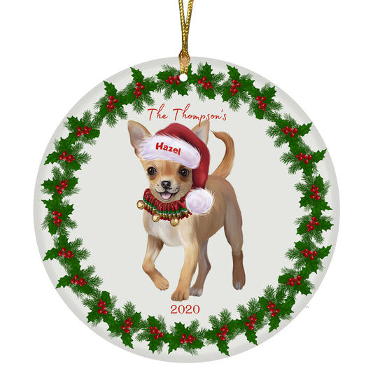 Personalized Holly Berry Trimming Chihuahua Dog Ceramic Round Flat Christmas Tree Ornament RFPOR48256