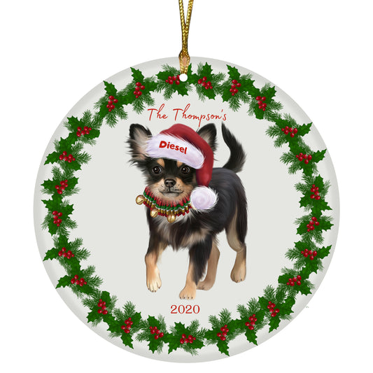 Personalized Holly Berry Trimming Chihuahua Dog Ceramic Round Flat Christmas Tree Ornament RFPOR48257