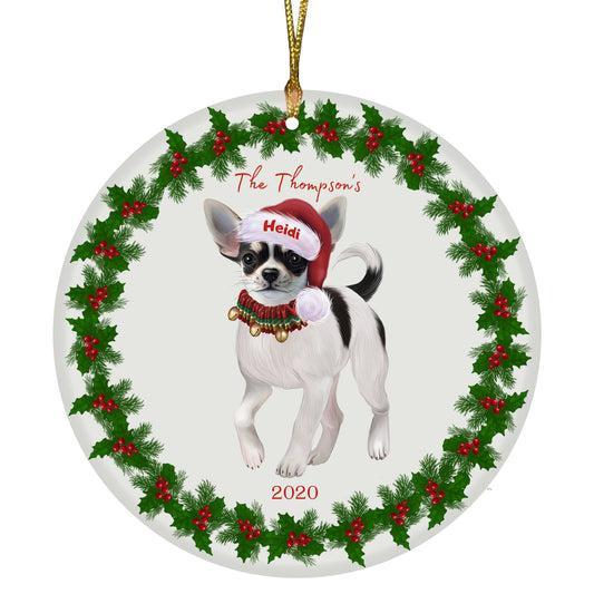 Personalized Holly Berry Trimming Chihuahua Dog Ceramic Round Flat Christmas Tree Ornament RFPOR48258