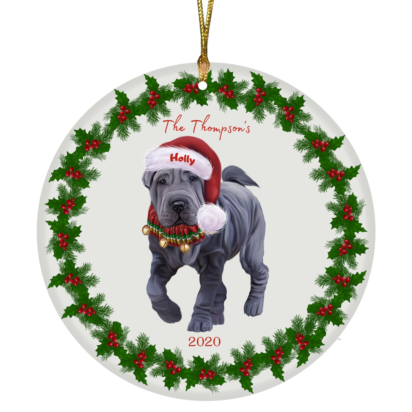 Personalized Holly Berry Trimming Chinese Shar Pei Dog Ceramic Round Flat Christmas Tree Ornament RFPOR48260