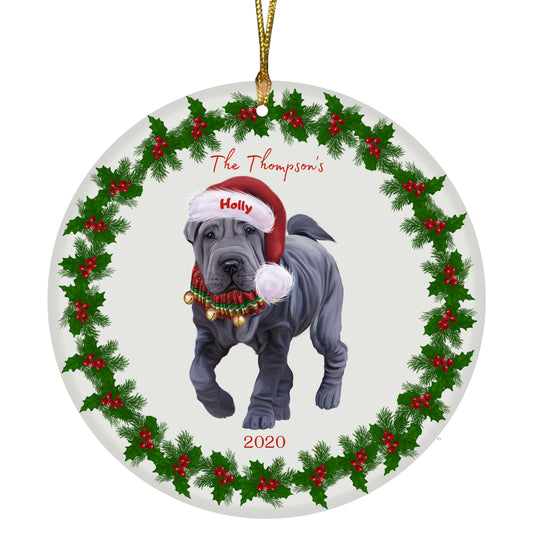 Personalized Holly Berry Trimming Chinese Shar Pei Dog Ceramic Round Flat Christmas Tree Ornament RFPOR48260