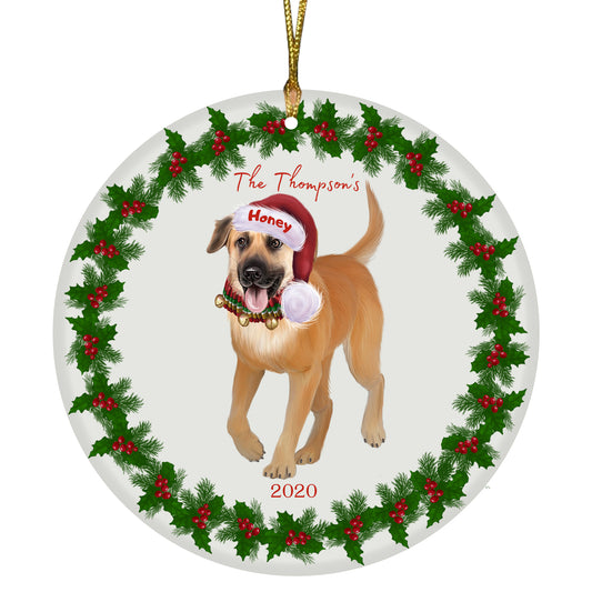 Personalized Holly Berry Trimming Chinook Dog Ceramic Round Flat Christmas Tree Ornament RFPOR48262