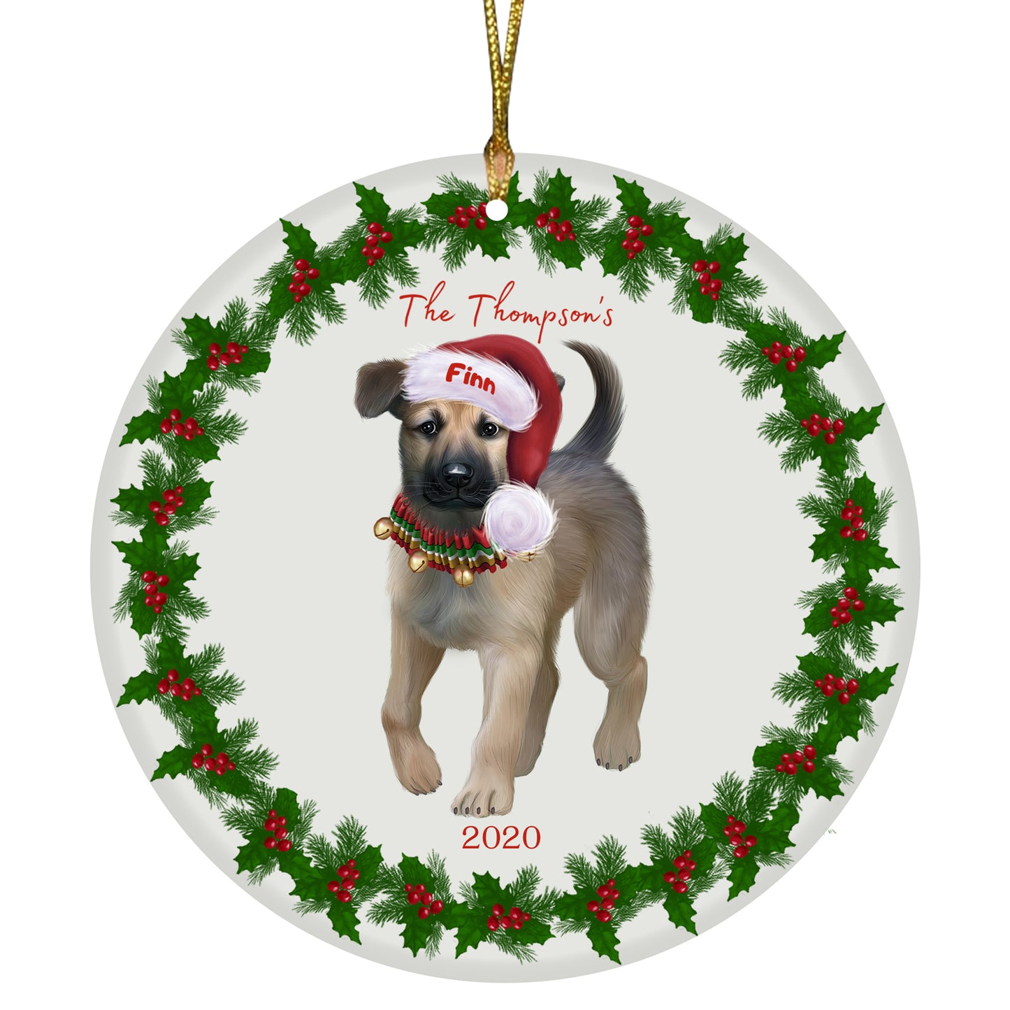 Personalized Holly Berry Trimming Chinook Dog Ceramic Round Flat Christmas Tree Ornament RFPOR48263