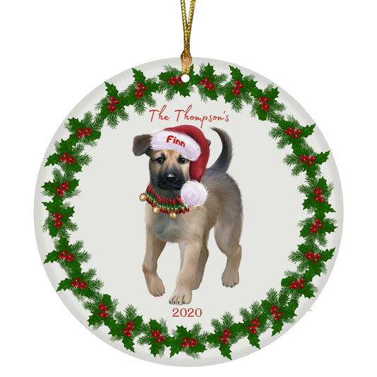 Personalized Holly Berry Trimming Chinook Dog Ceramic Round Flat Christmas Tree Ornament RFPOR48263