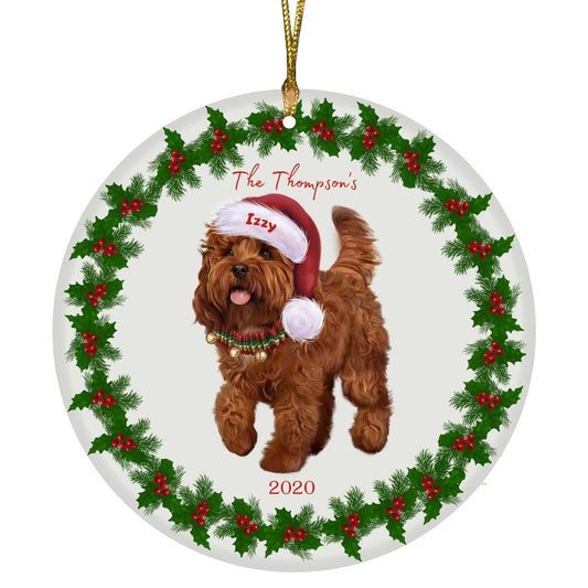 Personalized Holly Berry Trimming Cockapoo Dog Ceramic Round Flat Christmas Tree Ornament RFPOR48264