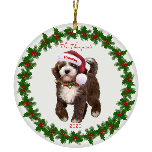 Personalized Holly Berry Trimming Cockapoo Dog Ceramic Round Flat Christmas Tree Ornament RFPOR48265