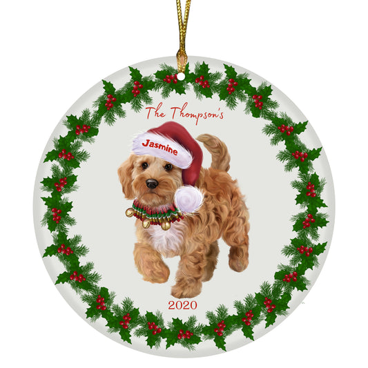 Personalized Holly Berry Trimming Cockapoo Dog Ceramic Round Flat Christmas Tree Ornament RFPOR48266