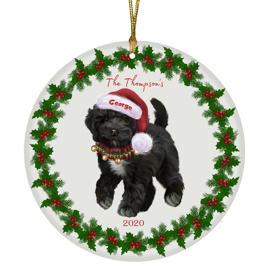 Personalized Holly Berry Trimming Cockapoo Dog Ceramic Round Flat Christmas Tree Ornament RFPOR48267