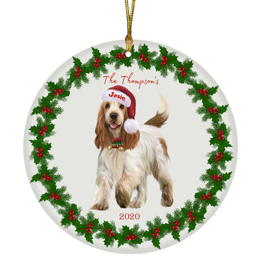 Personalized Holly Berry Trimming Cocker Spaniel Dog Ceramic Round Flat Christmas Tree Ornament RFPOR48268